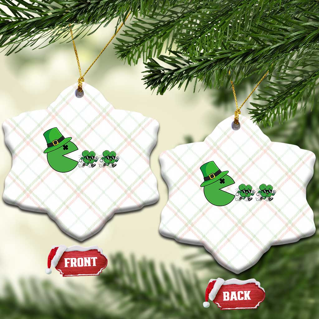 St Patricks Day Retro Gamer Eating Shamrock Lucky Gift Ceramic Ornament