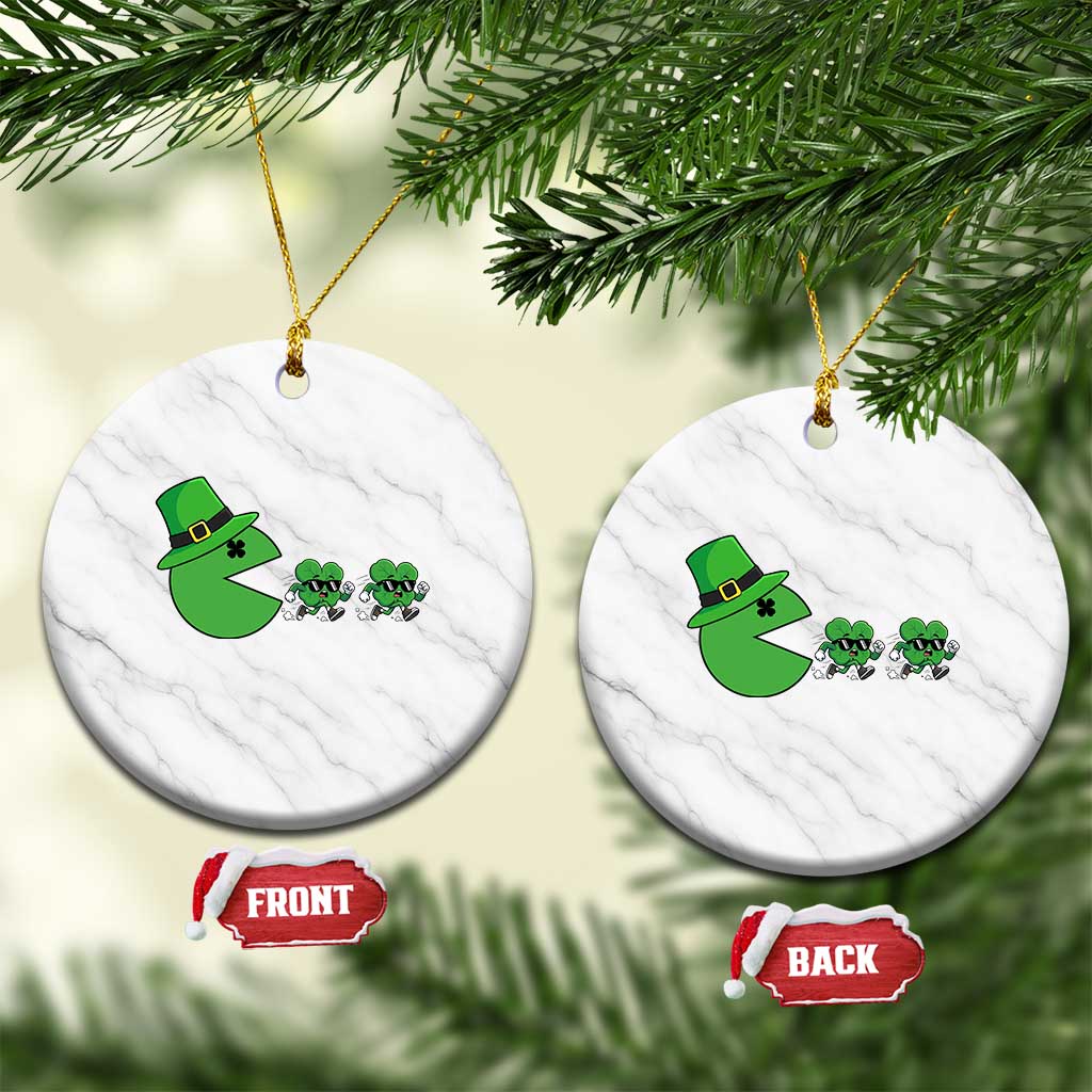 St Patricks Day Retro Gamer Eating Shamrock Lucky Gift Ceramic Ornament