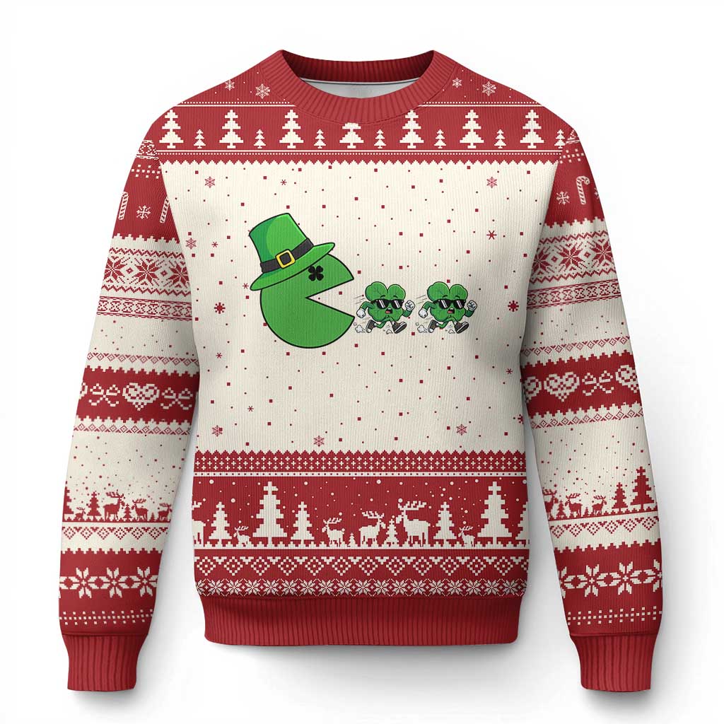 St Patricks Day Retro Gamer Eating Shamrock Lucky Gift Ugly Christmas Sweater