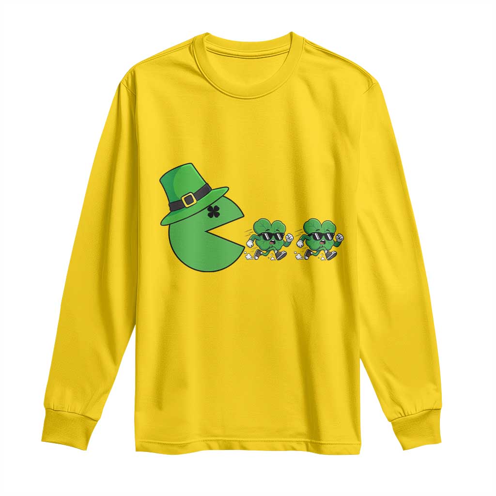 St Patricks Day Retro Gamer Eating Shamrock Lucky Gift Long Sleeve Shirt