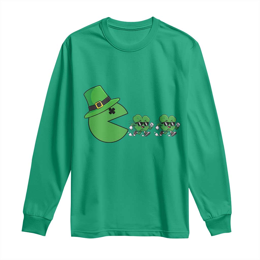 St Patricks Day Retro Gamer Eating Shamrock Lucky Gift Long Sleeve Shirt