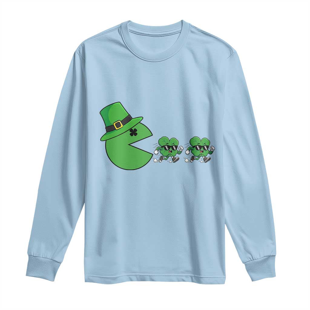 St Patricks Day Retro Gamer Eating Shamrock Lucky Gift Long Sleeve Shirt