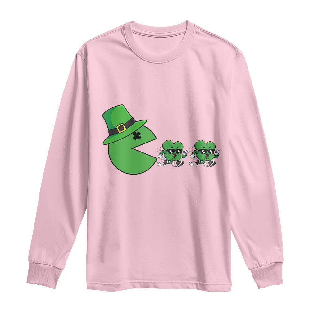 St Patricks Day Retro Gamer Eating Shamrock Lucky Gift Long Sleeve Shirt
