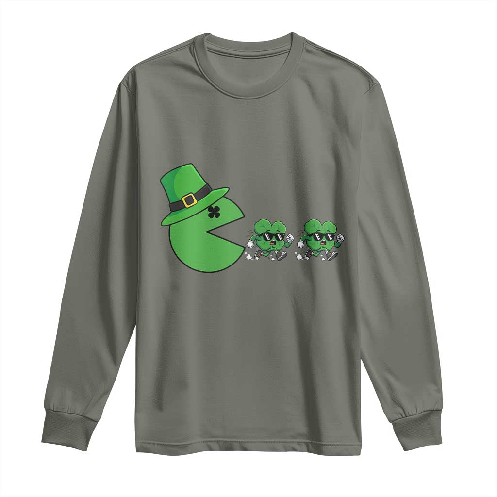 St Patricks Day Retro Gamer Eating Shamrock Lucky Gift Long Sleeve Shirt