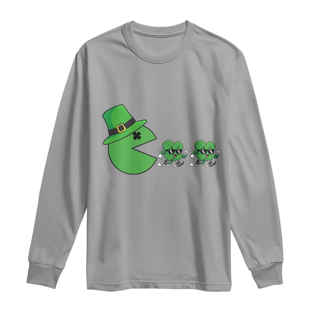 St Patricks Day Retro Gamer Eating Shamrock Lucky Gift Long Sleeve Shirt