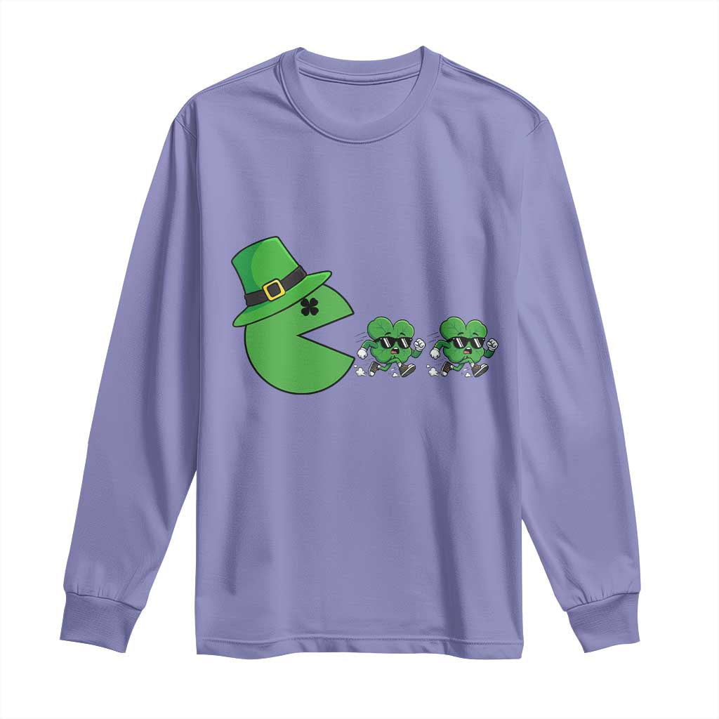 St Patricks Day Retro Gamer Eating Shamrock Lucky Gift Long Sleeve Shirt
