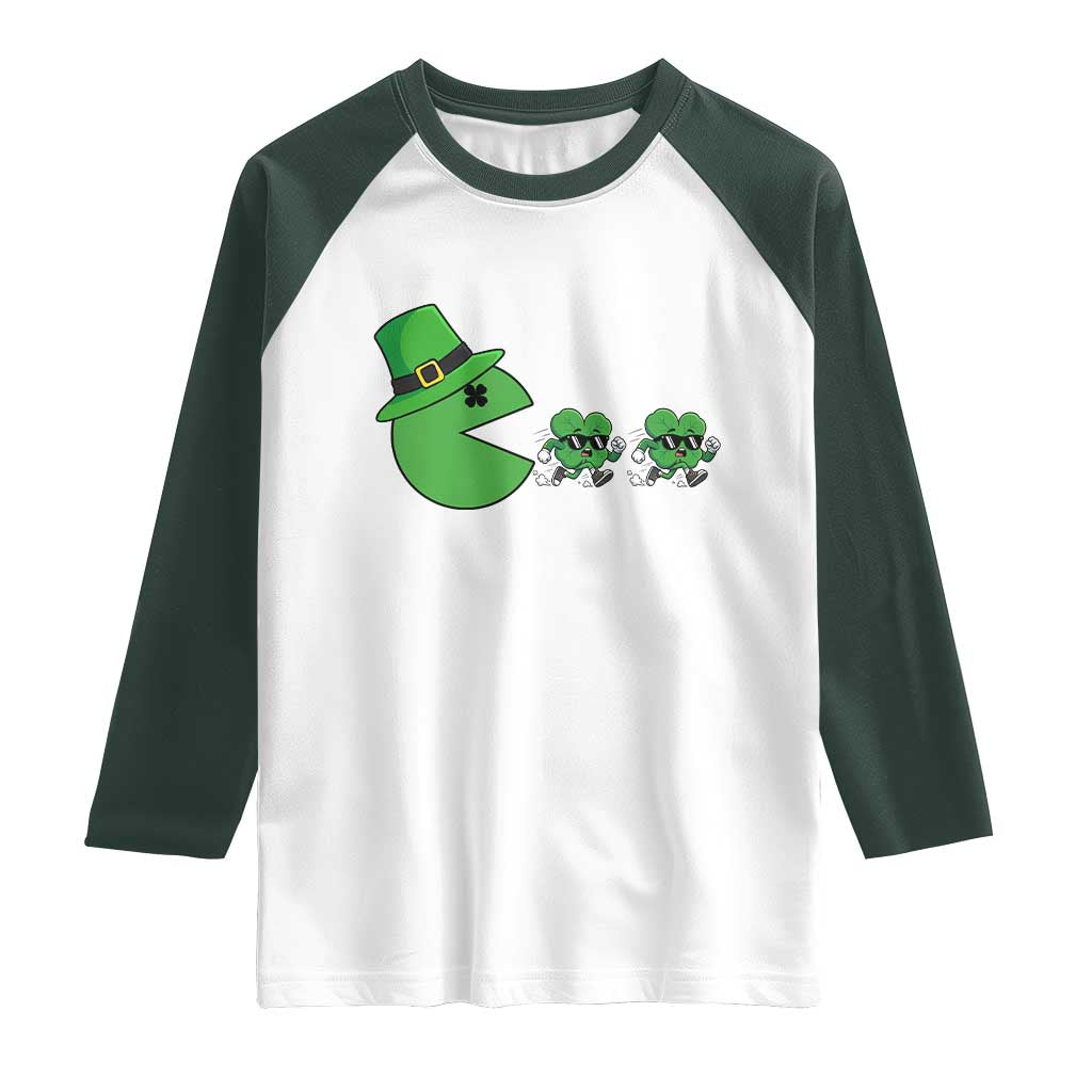 St Patricks Day Retro Gamer Eating Shamrock Lucky Gift Raglan Shirt
