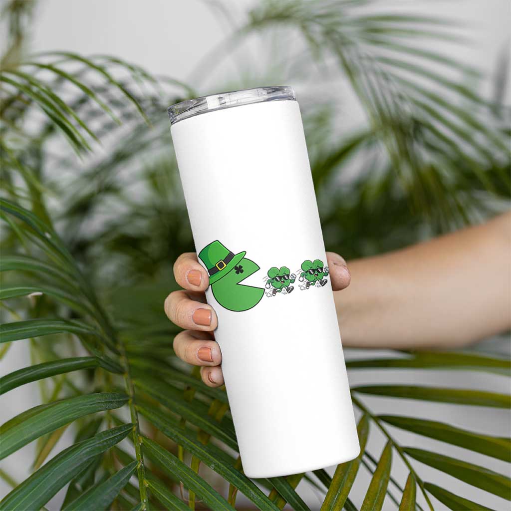 St Patricks Day Retro Gamer Eating Shamrock Lucky Gift Skinny Tumbler