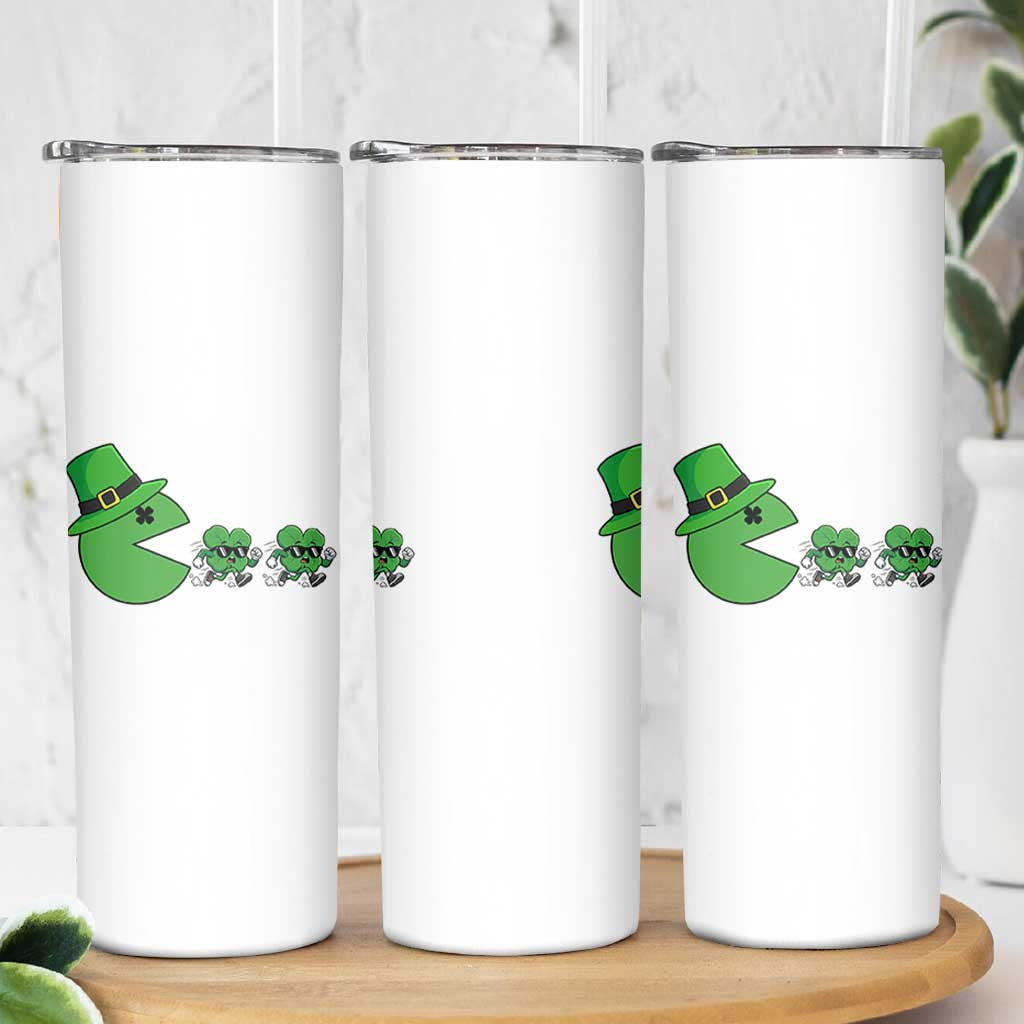 St Patricks Day Retro Gamer Eating Shamrock Lucky Gift Skinny Tumbler