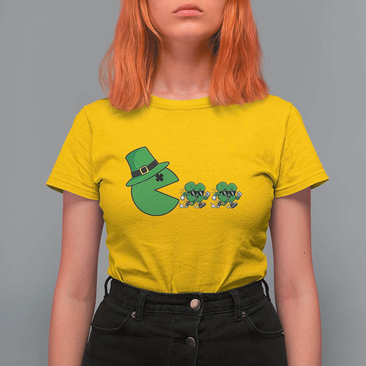 St Patricks Day Retro Gamer Eating Shamrock Lucky Gift T Shirt For Women