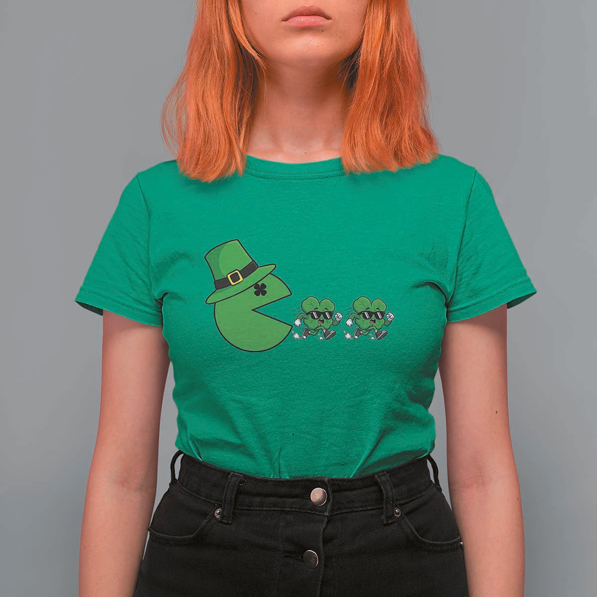 St Patricks Day Retro Gamer Eating Shamrock Lucky Gift T Shirt For Women