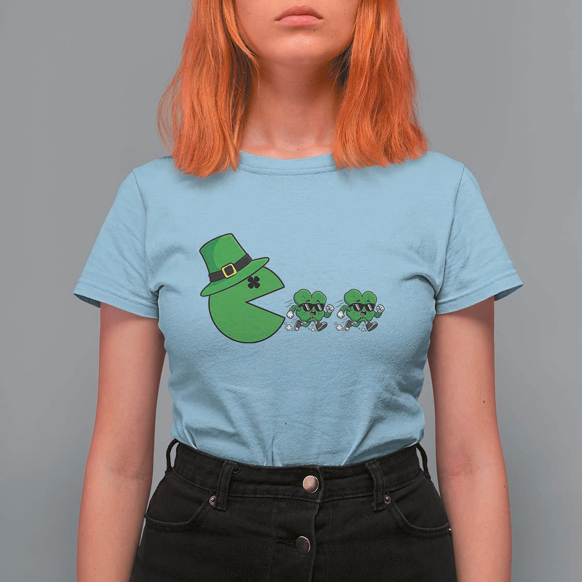 St Patricks Day Retro Gamer Eating Shamrock Lucky Gift T Shirt For Women