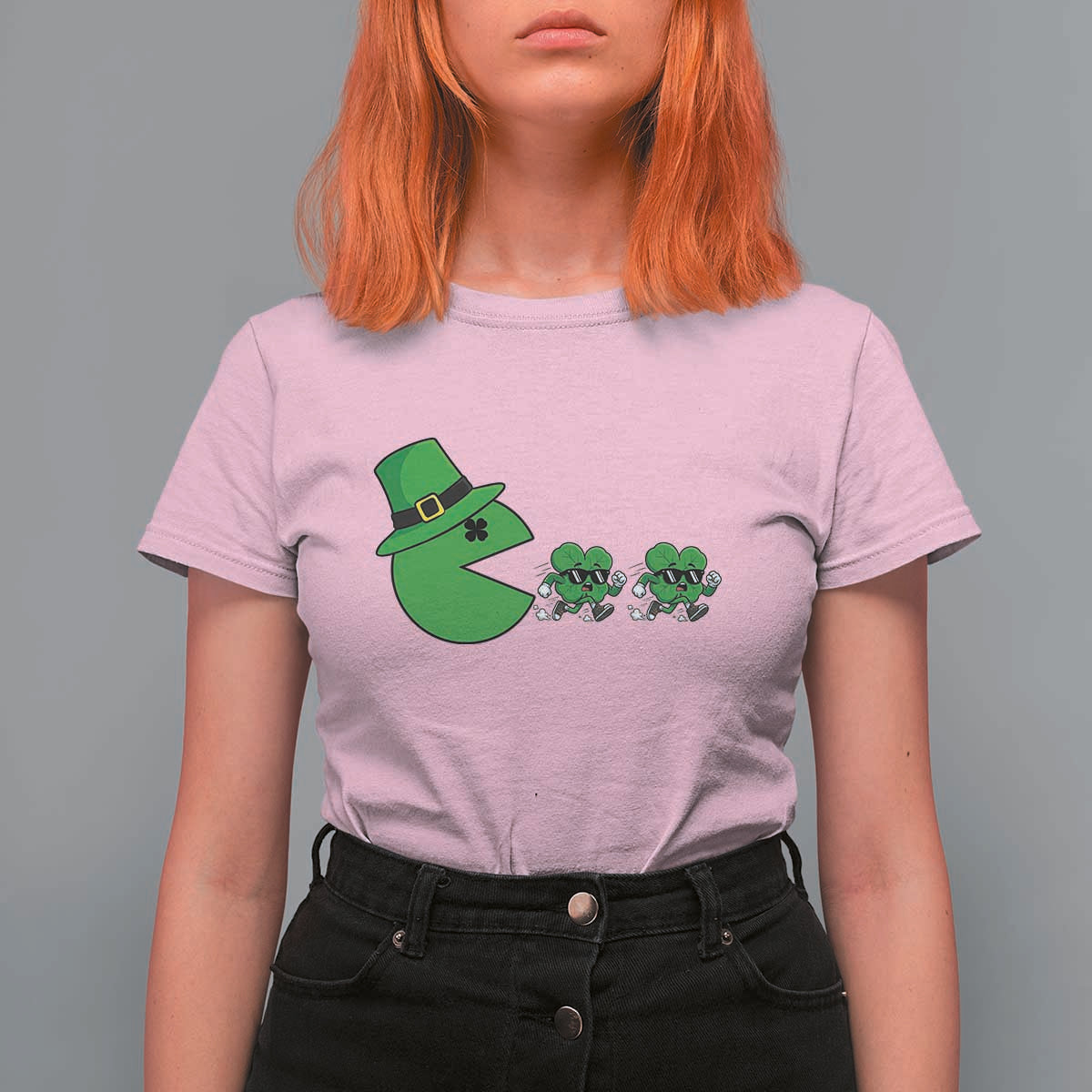 St Patricks Day Retro Gamer Eating Shamrock Lucky Gift T Shirt For Women