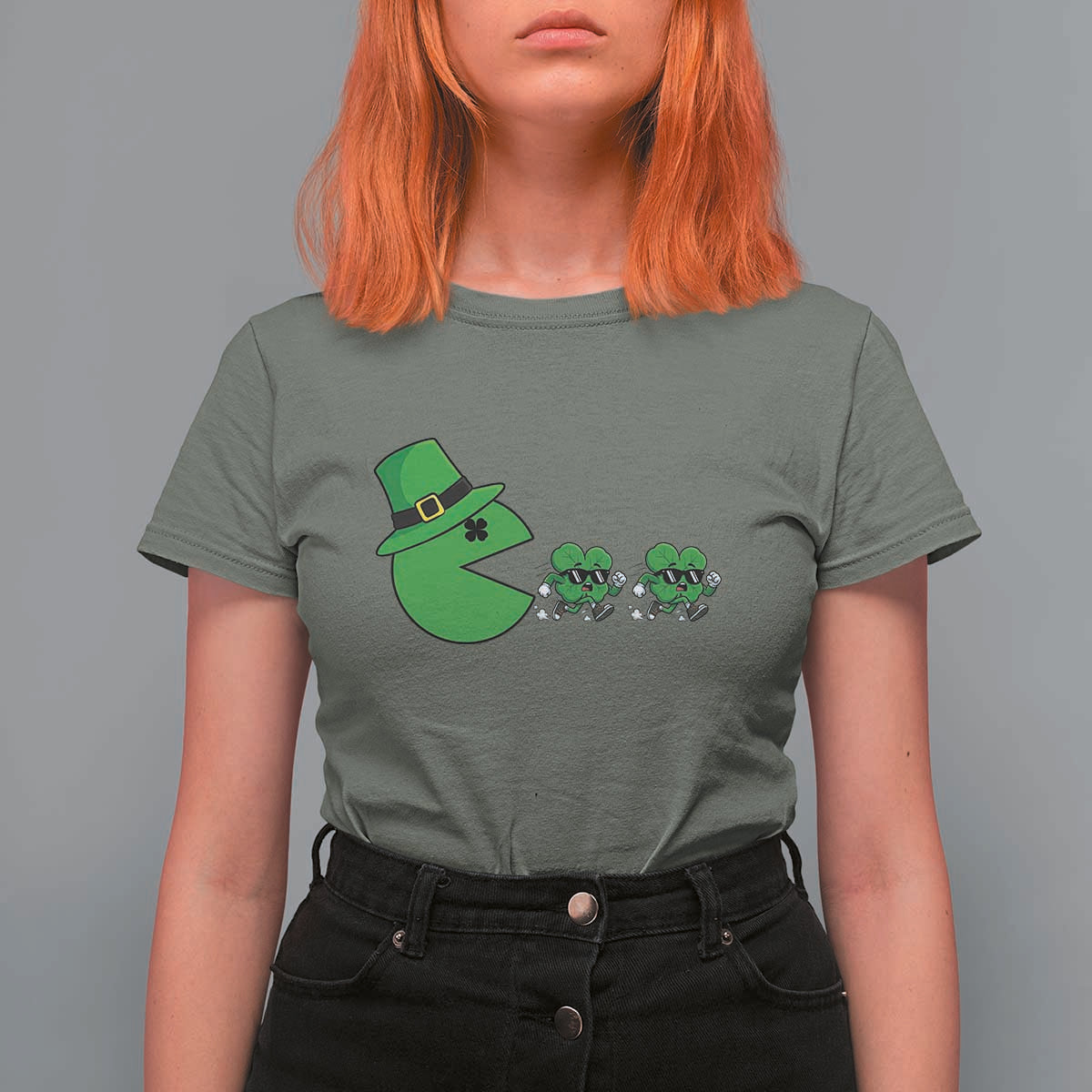 St Patricks Day Retro Gamer Eating Shamrock Lucky Gift T Shirt For Women