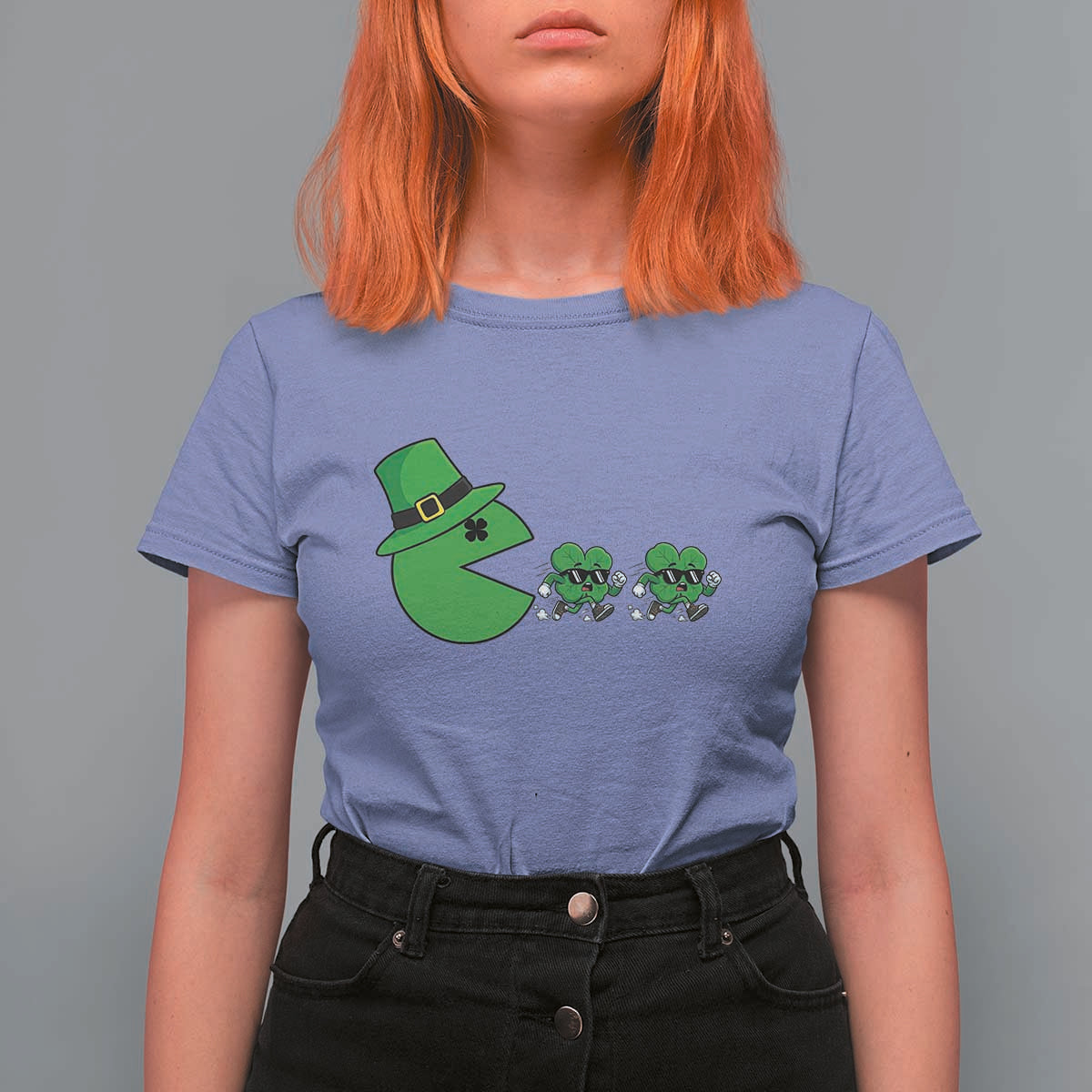 St Patricks Day Retro Gamer Eating Shamrock Lucky Gift T Shirt For Women
