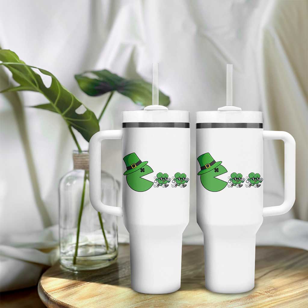 St Patricks Day Retro Gamer Eating Shamrock Lucky Gift Tumbler With Handle