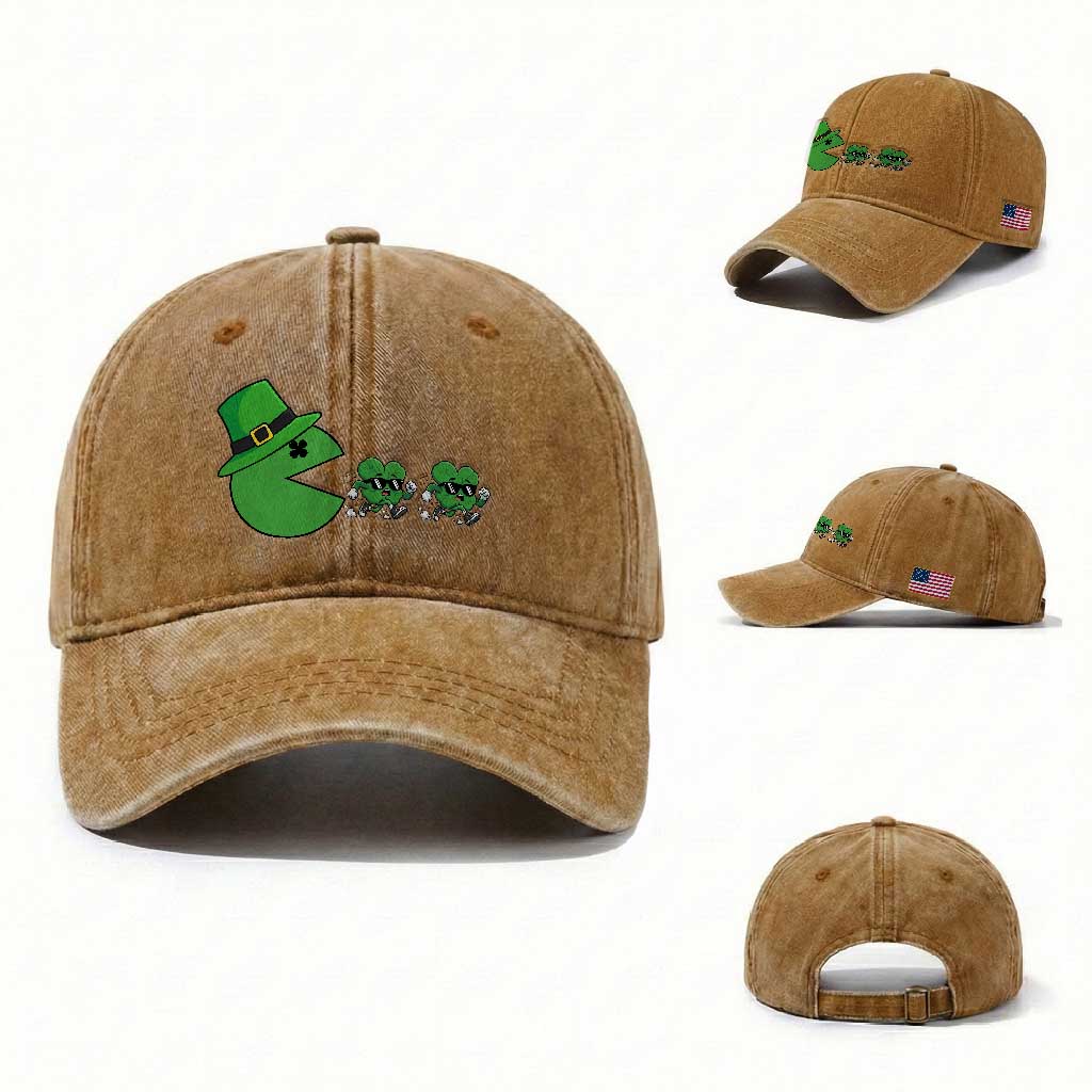 St Patricks Day Retro Gamer Eating Shamrock Lucky Gift Washed Cotton Baseball Cap