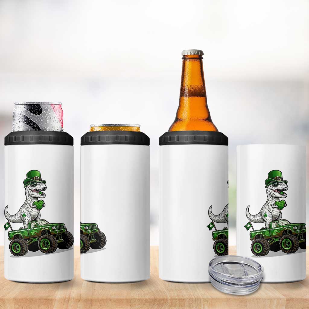 Funny St Patricks Day Dinosaur Truck 4 in 1 Can Cooler Tumbler Lucky Dino Gift