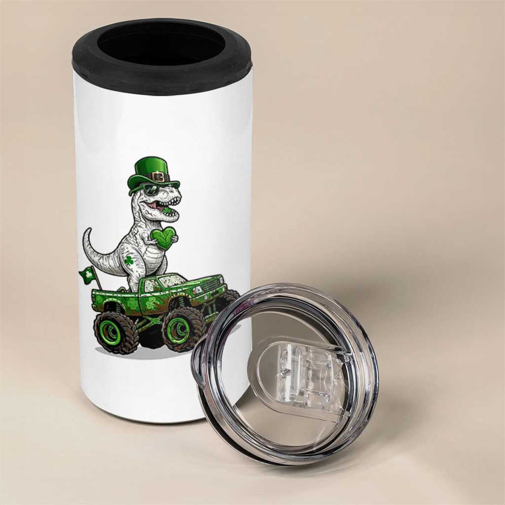 Funny St Patricks Day Dinosaur Truck 4 in 1 Can Cooler Tumbler Lucky Dino Gift
