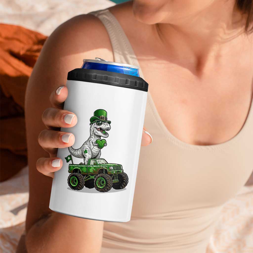 Funny St Patricks Day Dinosaur Truck 4 in 1 Can Cooler Tumbler Lucky Dino Gift