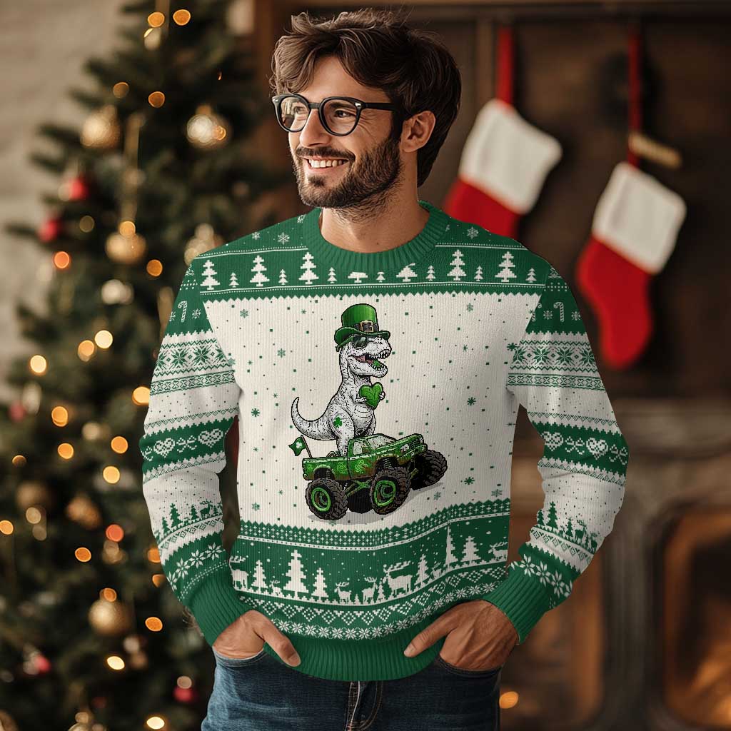 Funny St Patricks Day Dinosaur Truck Ugly Christmas Sweater Lucky Dino Gift