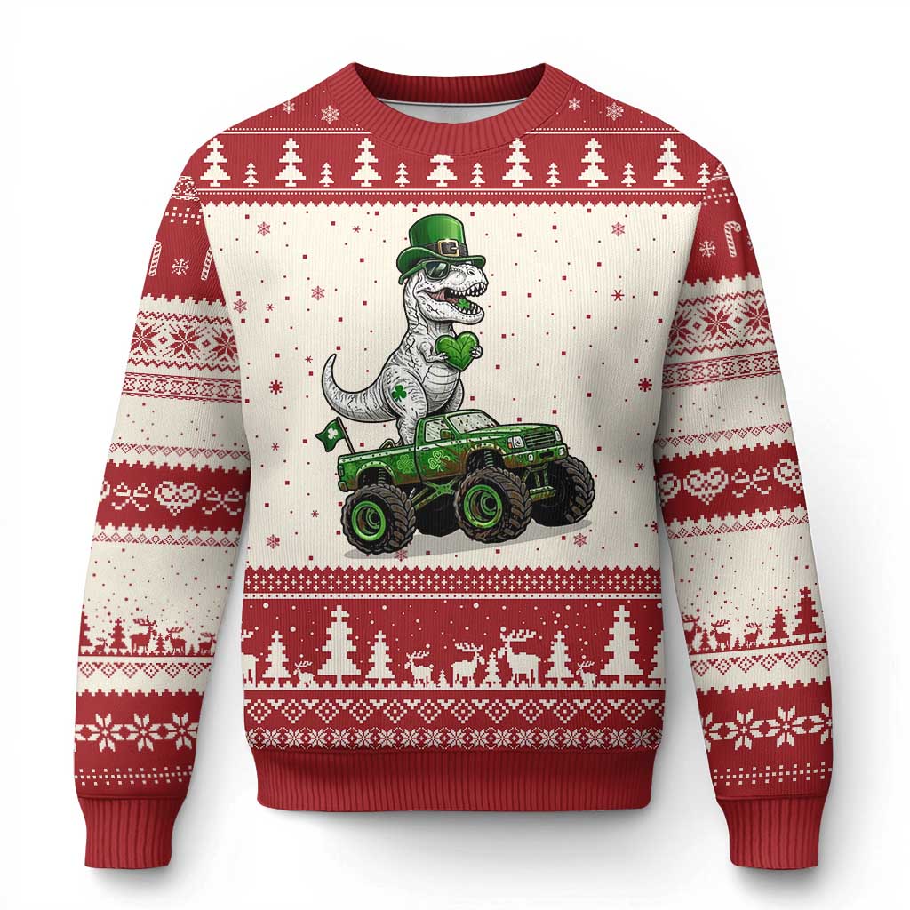 Funny St Patricks Day Dinosaur Truck Ugly Christmas Sweater Lucky Dino Gift