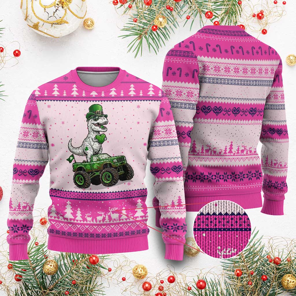 Funny St Patricks Day Dinosaur Truck Ugly Christmas Sweater Lucky Dino Gift