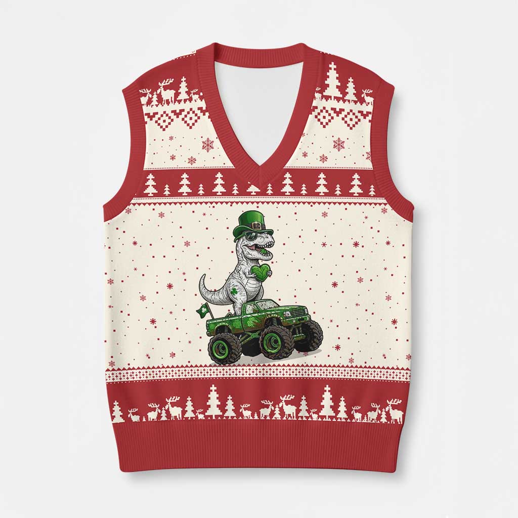 Funny St Patricks Day Dinosaur Truck V-Neck Knit Sweater Vest Lucky Dino Gift