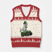 Funny St Patricks Day Dinosaur Truck V-Neck Knit Sweater Vest Lucky Dino Gift