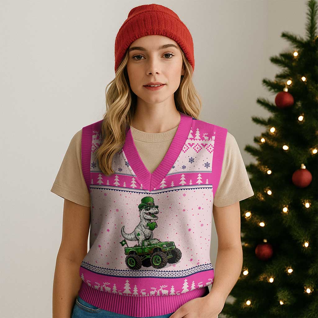 Funny St Patricks Day Dinosaur Truck V-Neck Knit Sweater Vest Lucky Dino Gift