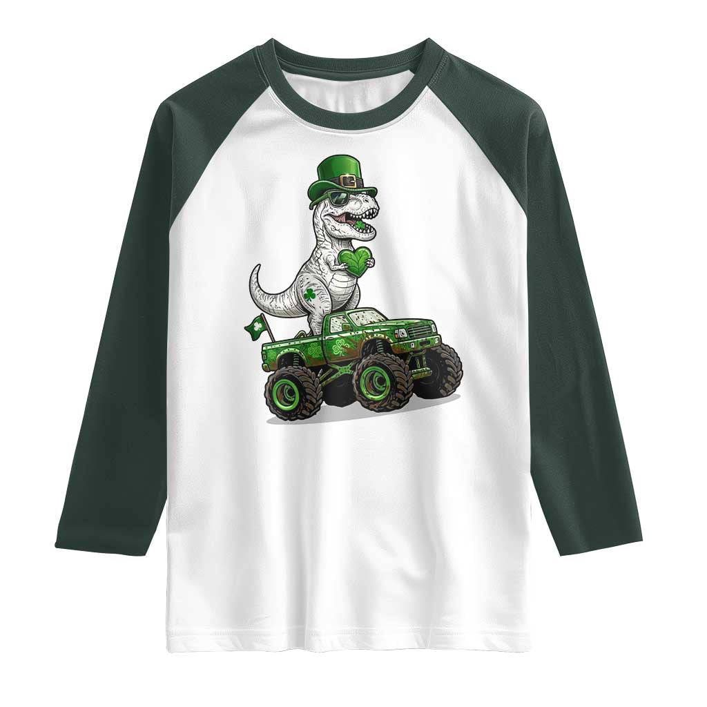 Funny St Patricks Day Dinosaur Truck Raglan Shirt Lucky Dino Gift
