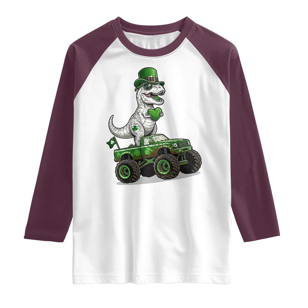 Funny St Patricks Day Dinosaur Truck Raglan Shirt Lucky Dino Gift