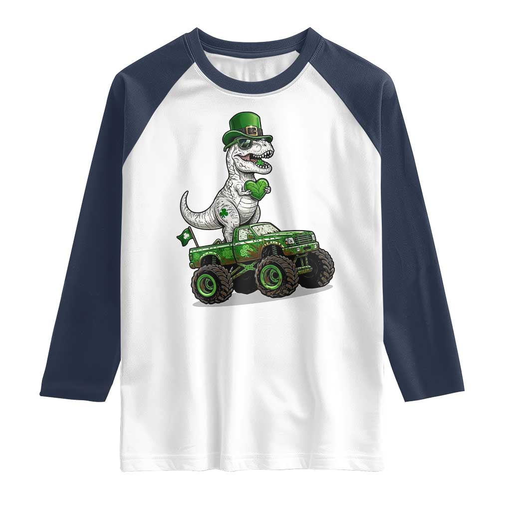 Funny St Patricks Day Dinosaur Truck Raglan Shirt Lucky Dino Gift