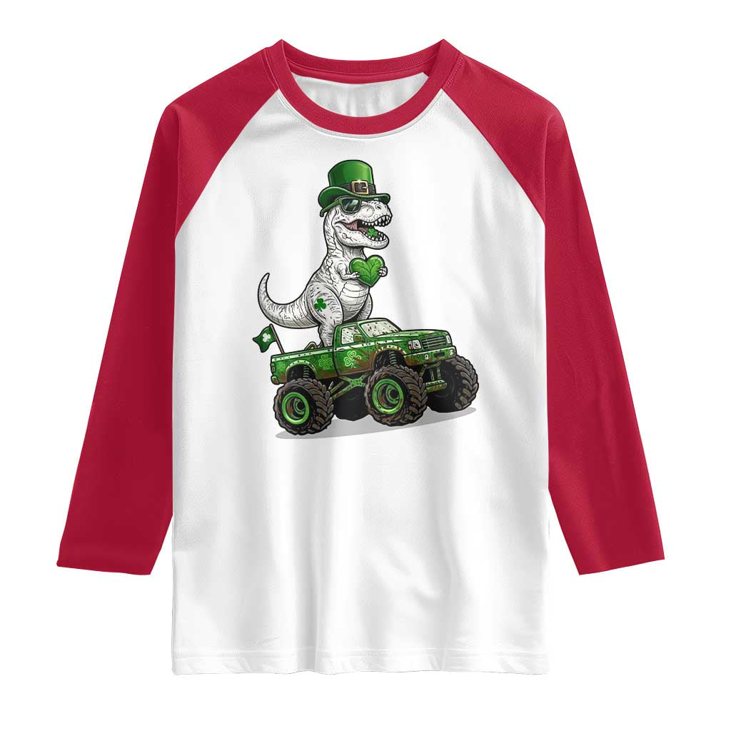 Funny St Patricks Day Dinosaur Truck Raglan Shirt Lucky Dino Gift