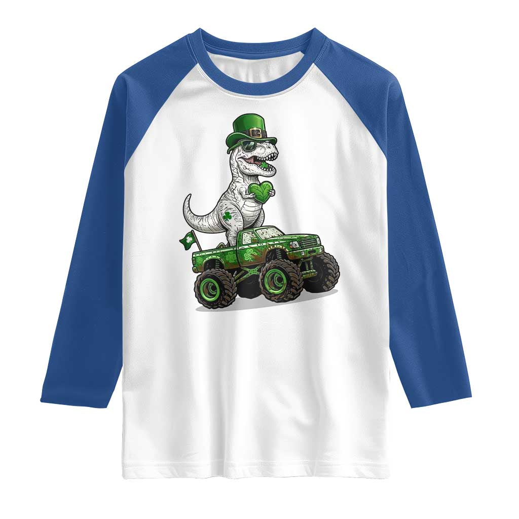 Funny St Patricks Day Dinosaur Truck Raglan Shirt Lucky Dino Gift
