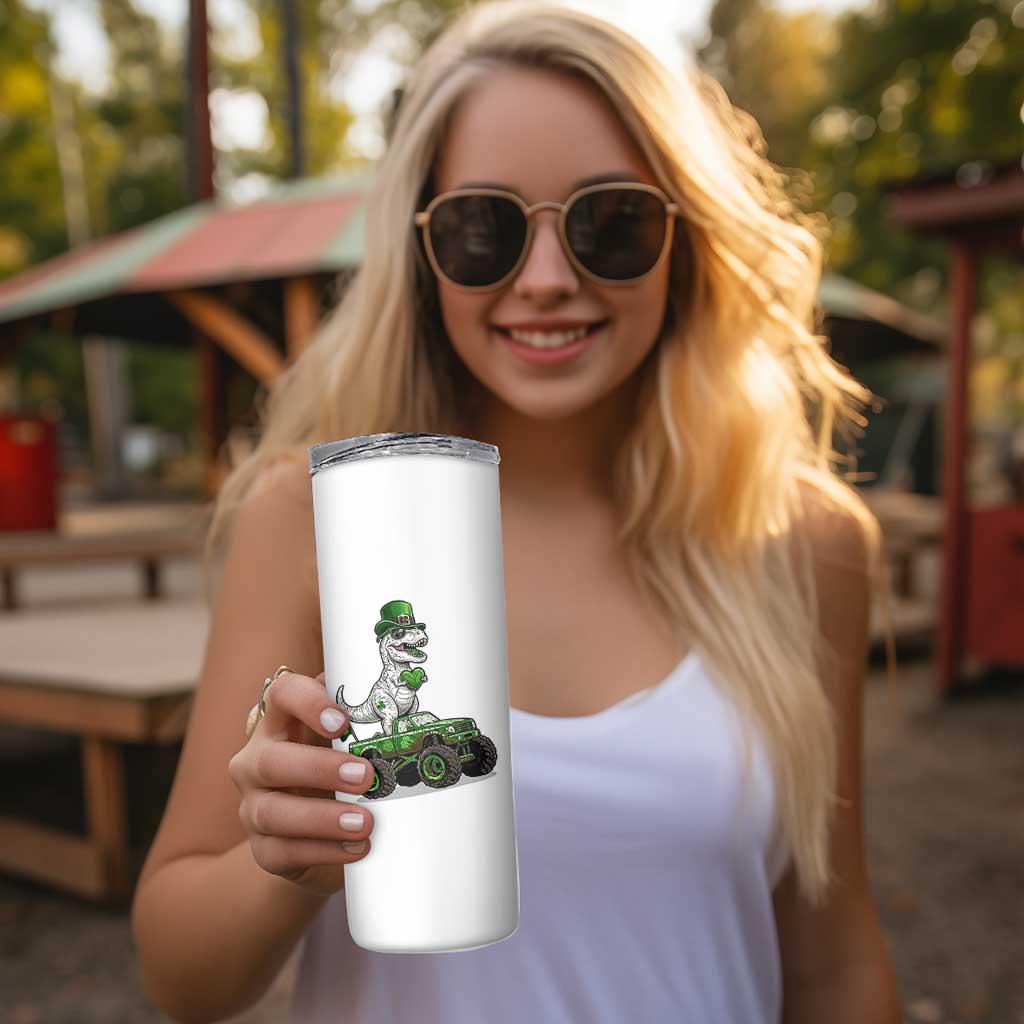 Funny St Patricks Day Dinosaur Truck Skinny Tumbler Lucky Dino Gift
