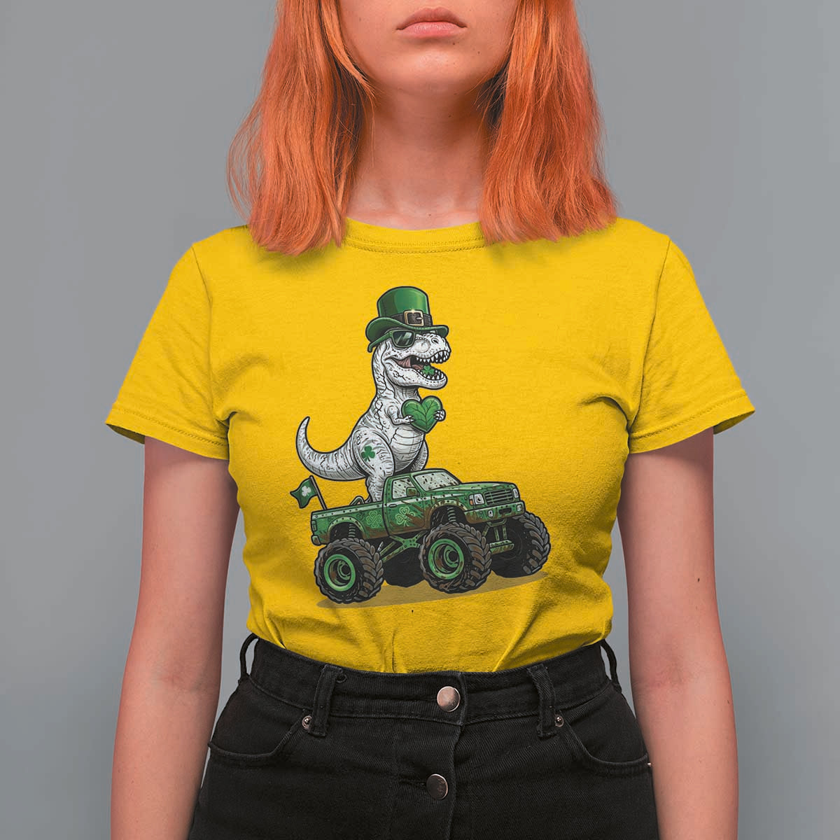 Funny St Patricks Day Dinosaur Truck T Shirt For Women Lucky Dino Gift