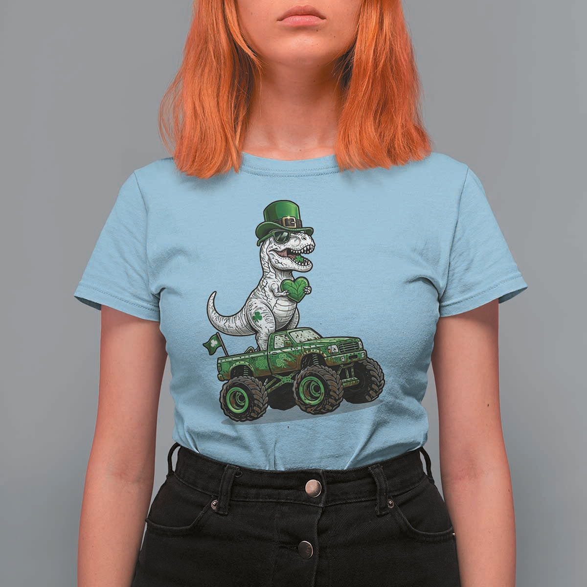 Funny St Patricks Day Dinosaur Truck T Shirt For Women Lucky Dino Gift