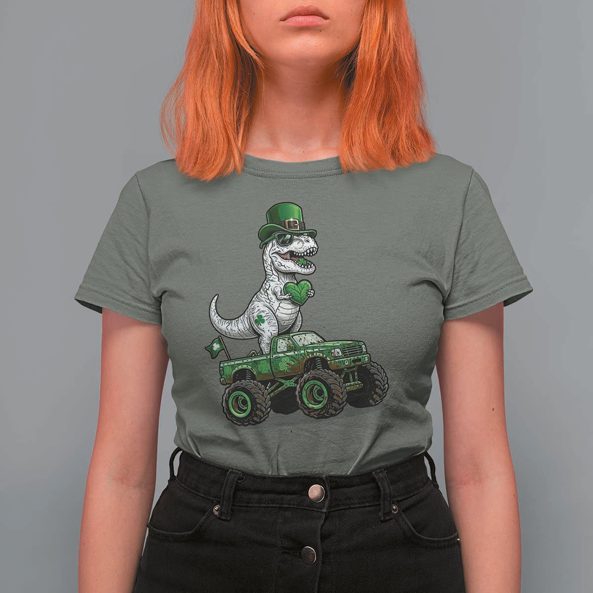 Funny St Patricks Day Dinosaur Truck T Shirt For Women Lucky Dino Gift