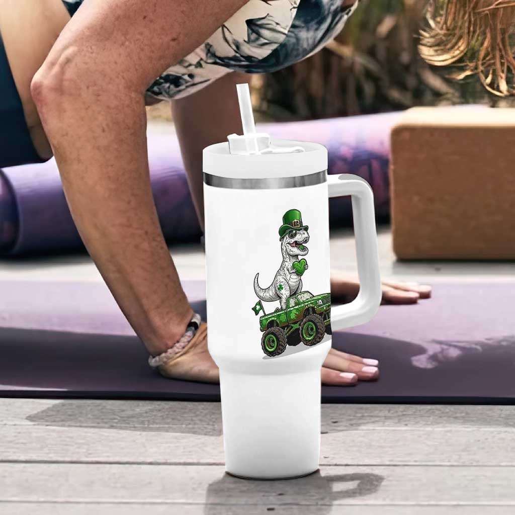Funny St Patricks Day Dinosaur Truck Tumbler With Handle Lucky Dino Gift
