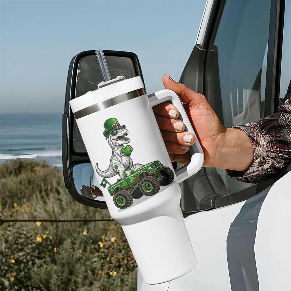 Funny St Patricks Day Dinosaur Truck Tumbler With Handle Lucky Dino Gift