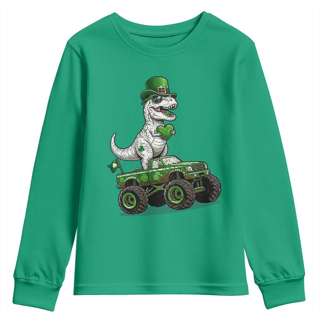 Funny St Patricks Day Dinosaur Truck Youth Sweatshirt Lucky Dino Gift