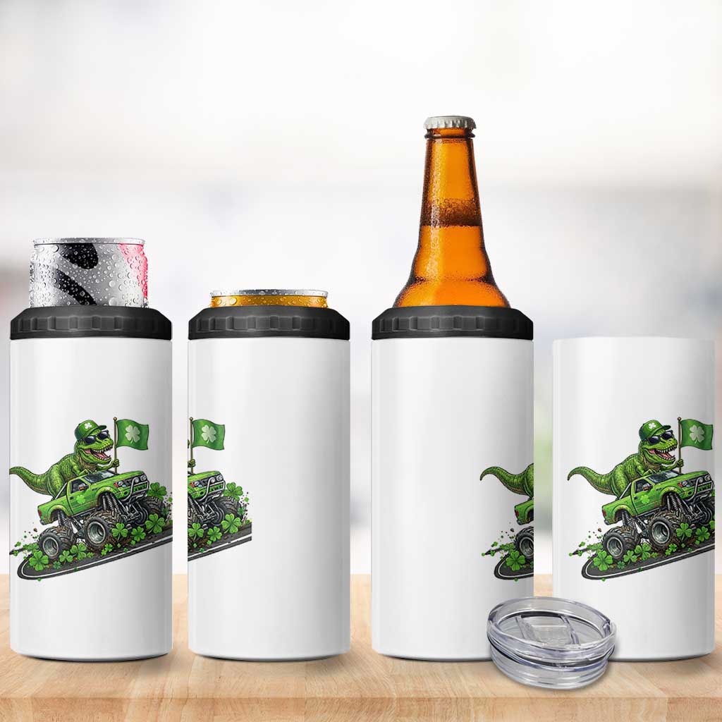 Funny St Patricks Day Dinosaur Truck 4 in 1 Can Cooler Tumbler Irish Holiday Gift