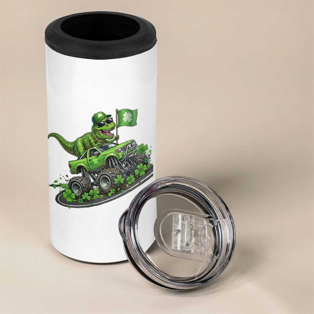 Funny St Patricks Day Dinosaur Truck 4 in 1 Can Cooler Tumbler Irish Holiday Gift