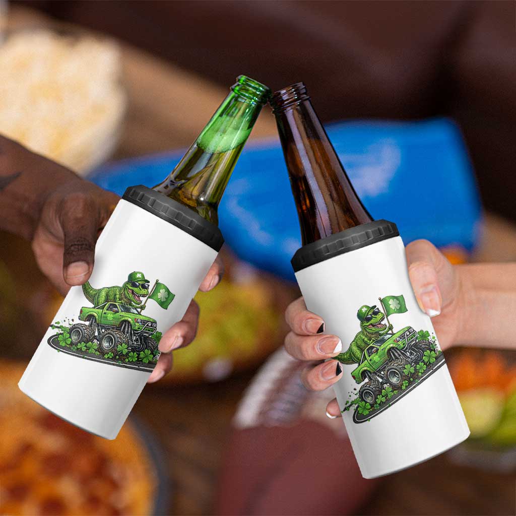 Funny St Patricks Day Dinosaur Truck 4 in 1 Can Cooler Tumbler Irish Holiday Gift