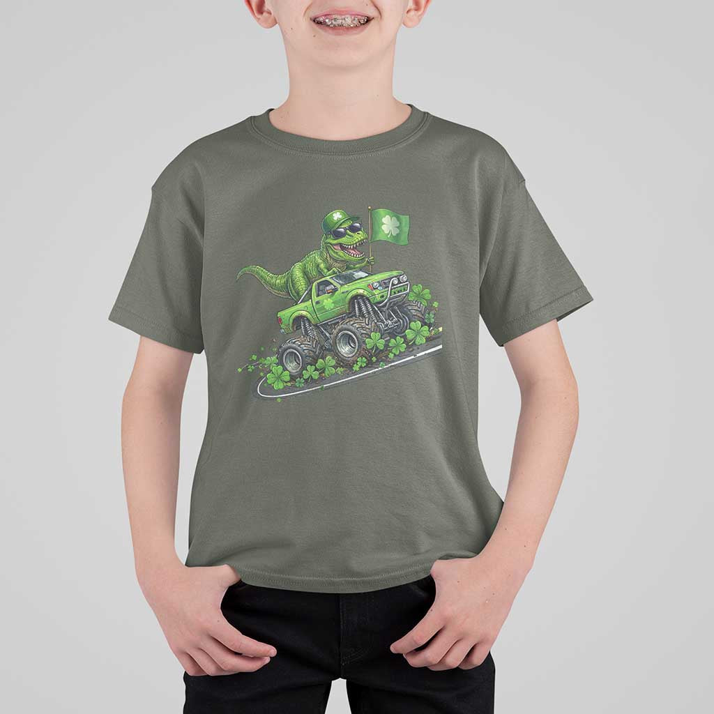 Funny St Patricks Day Dinosaur Truck T Shirt For Kid Irish Holiday Gift