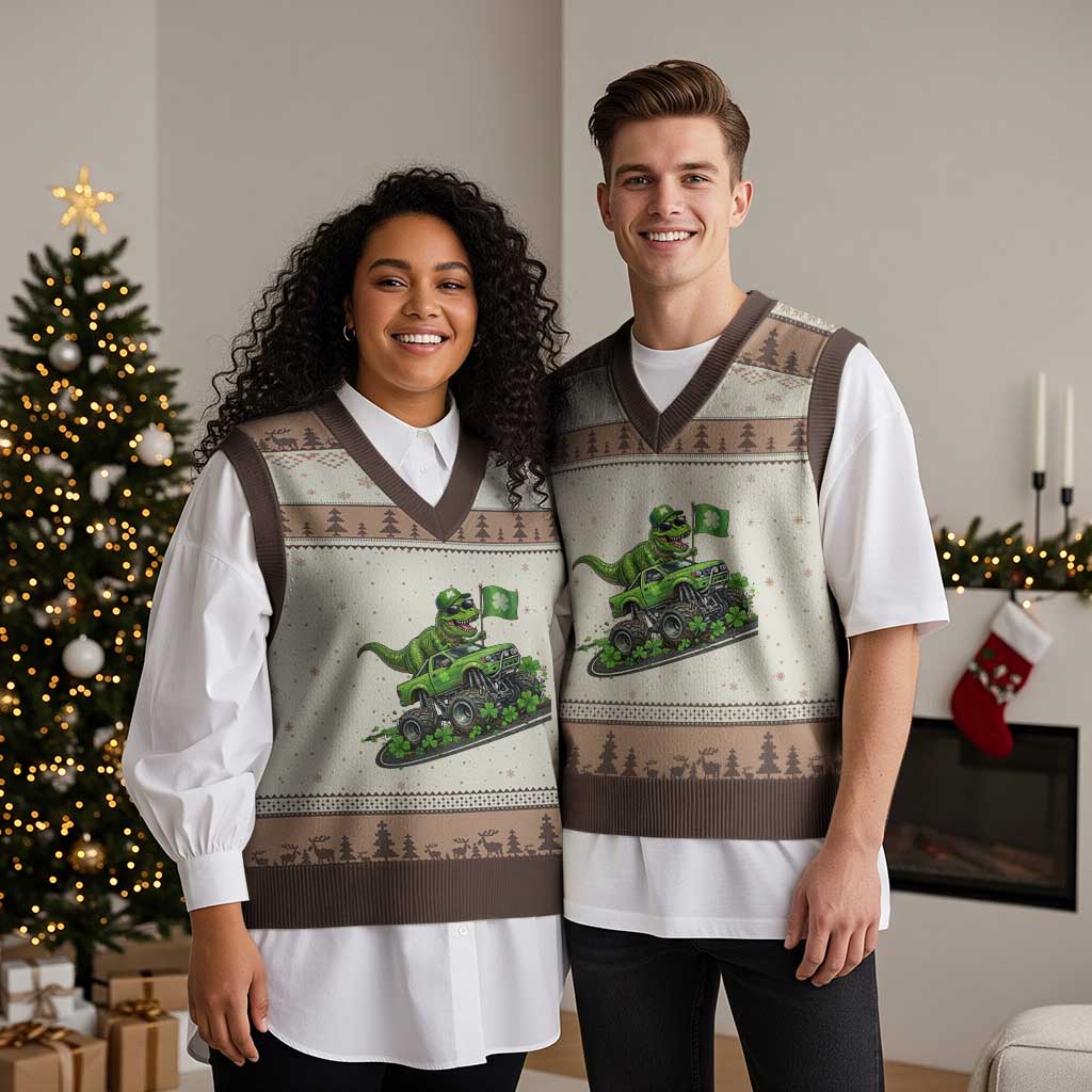 Funny St Patricks Day Dinosaur Truck V-Neck Knit Sweater Vest Irish Holiday Gift