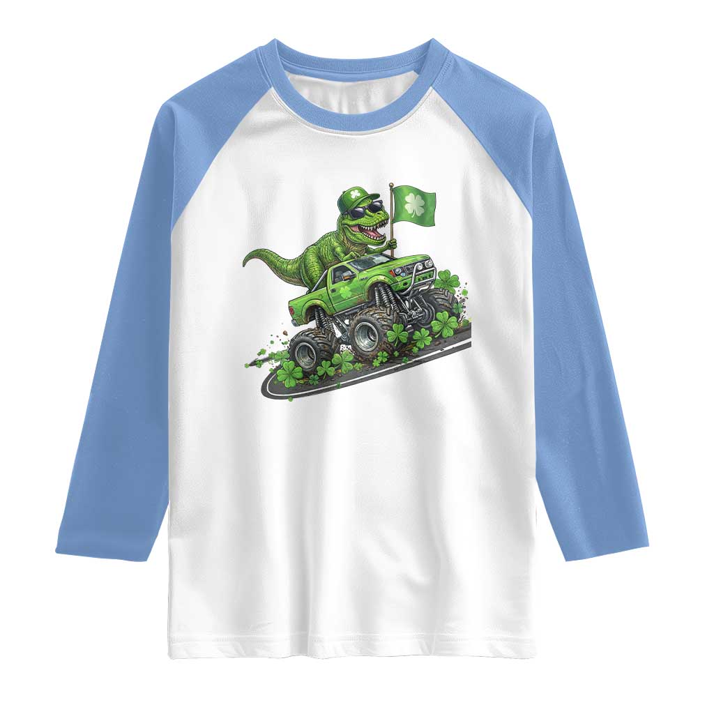 Funny St Patricks Day Dinosaur Truck Raglan Shirt Irish Holiday Gift