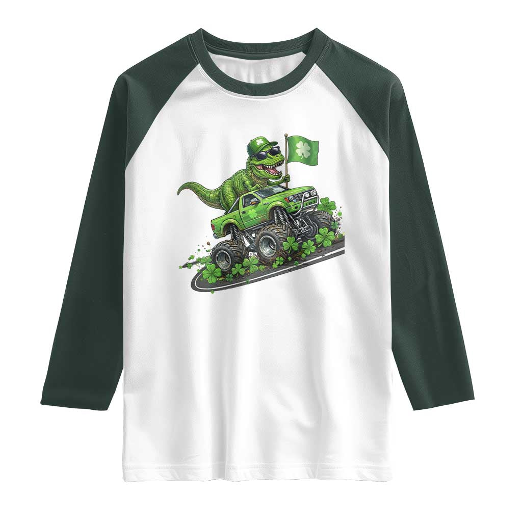 Funny St Patricks Day Dinosaur Truck Raglan Shirt Irish Holiday Gift
