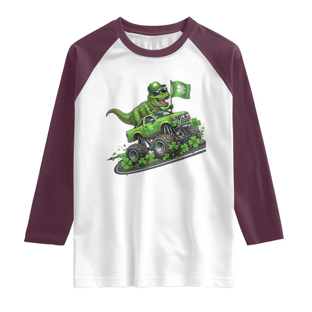 Funny St Patricks Day Dinosaur Truck Raglan Shirt Irish Holiday Gift